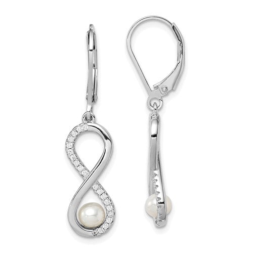 Sterling Silver RH-plated 4-5mm FWC Pearl & CZ Infinity Leverback Earrings