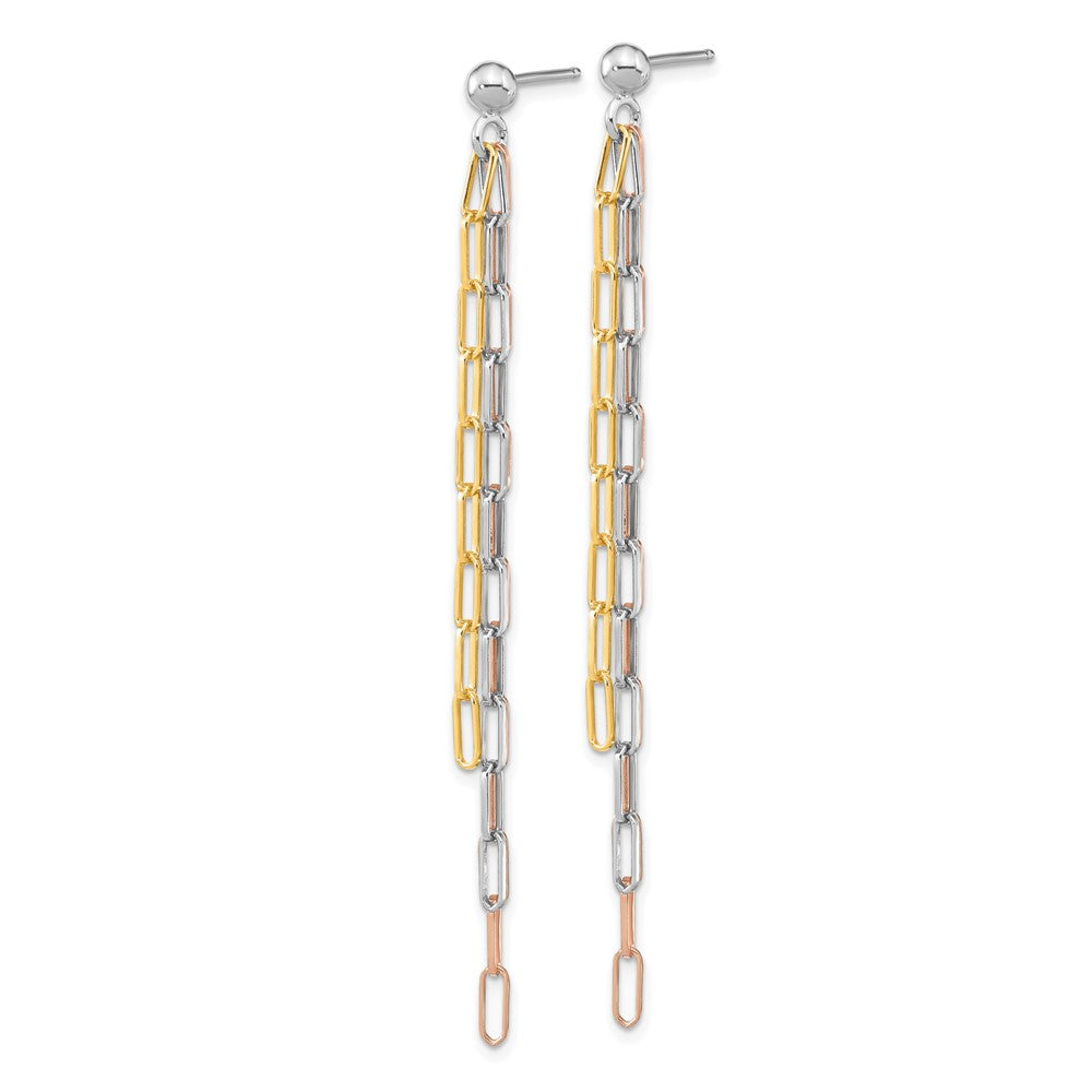 Sterling Silver RH-plate Rose & Yellow-tone Paperclip Link 3-strand Earring