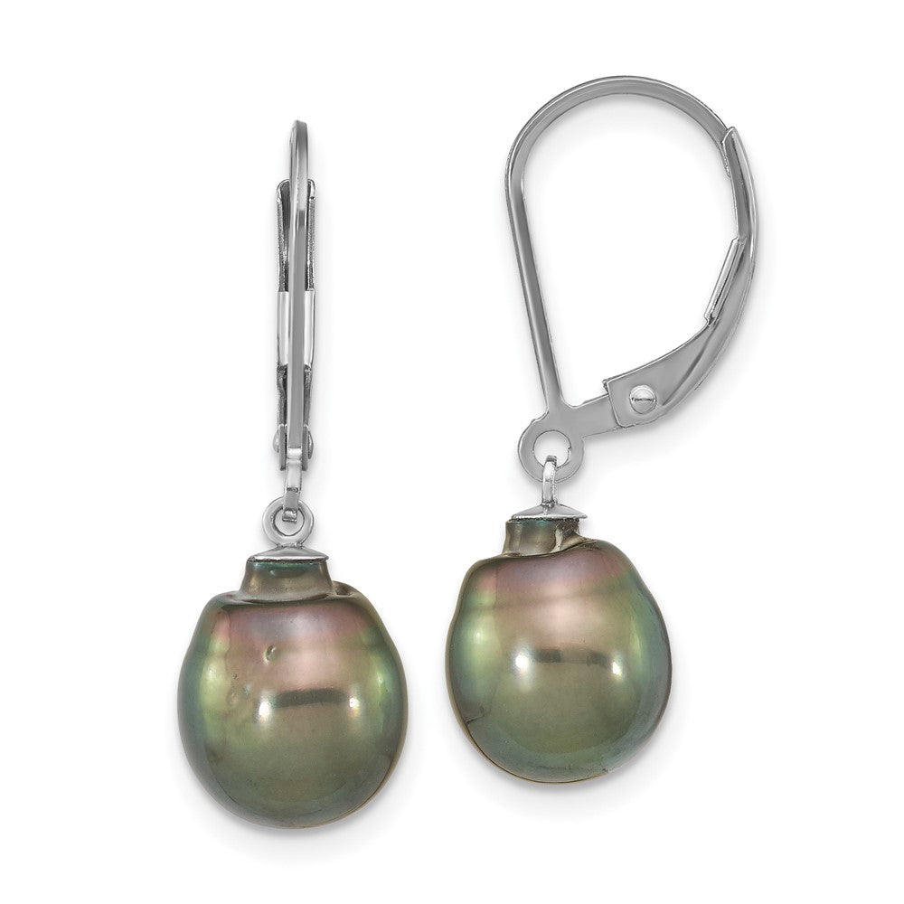 SS RH-plated 9-10mm Tahitian Saltwater Pearl Leverback Earrings