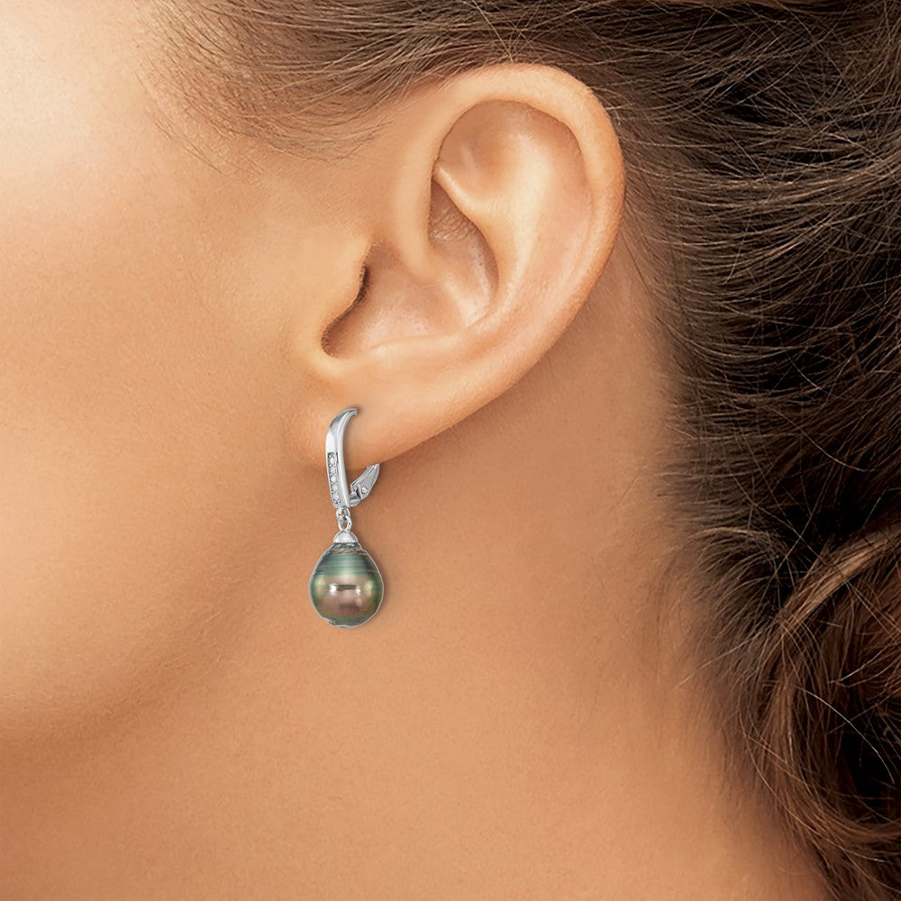 SS RH-plated 9-10mm Tahitian Saltwater Pearl CZ Leverback Earrings