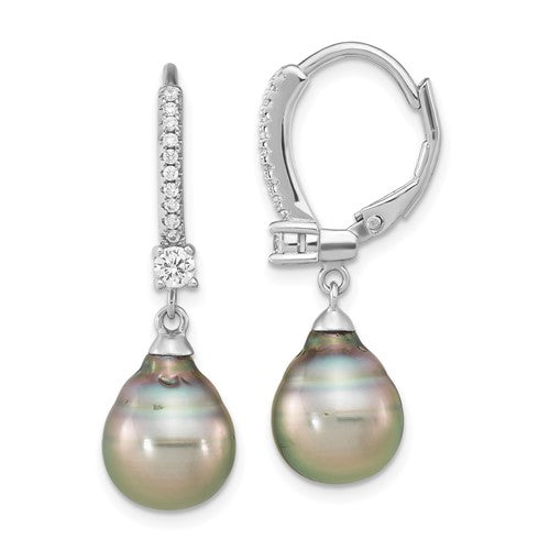 SS RH-plated 9-10mm Tahitian Saltwater Pearl & CZ Leverback Earrings