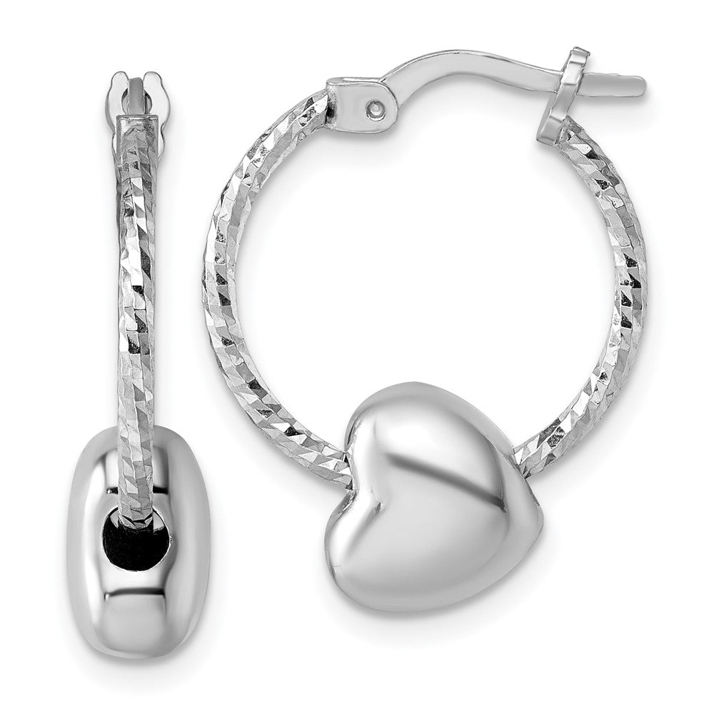 Sterling Silver Rh-plated Twisted D/C w/ Heart Bead Hoop Earrings