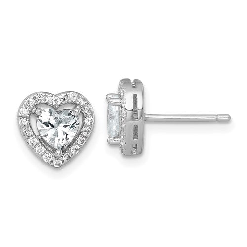 Sterling Silver RH-plated Polished 9mm Heart Halo CZ Post Earrings