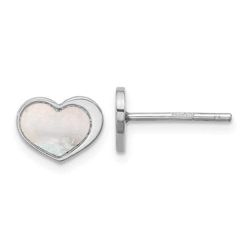 Sterling Silver Rhod-plated Mother of Pearl Heart Post Earrings