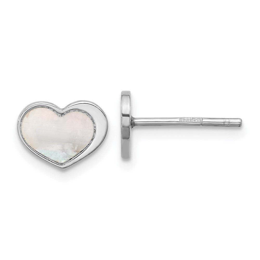 Sterling Silver Rhod-plated Mother of Pearl Heart Post Earrings