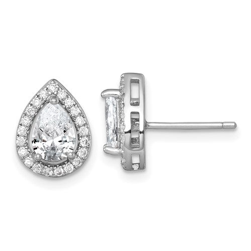 Sterling Silver RH-plated Polished 11x9mm Halo Pear CZ Post Earrings