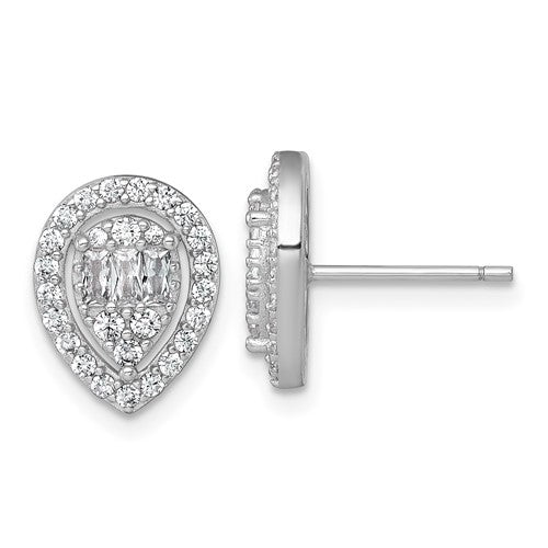 Sterling Silver RH-plated Polished Fancy CZ Teardrop Post Earrings