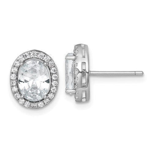 Sterling Silver RH-pltd Polished 11x9mm Oval Halo CZ Post Earrings