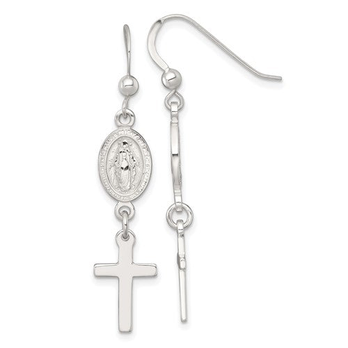 Sterling Silver Polished Miraculous Medal and Cross Dangle Earrings