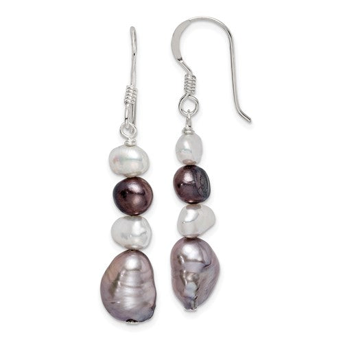 Sterling Silver Black White & Grey FW Cultured Pearl Dangle Earrings