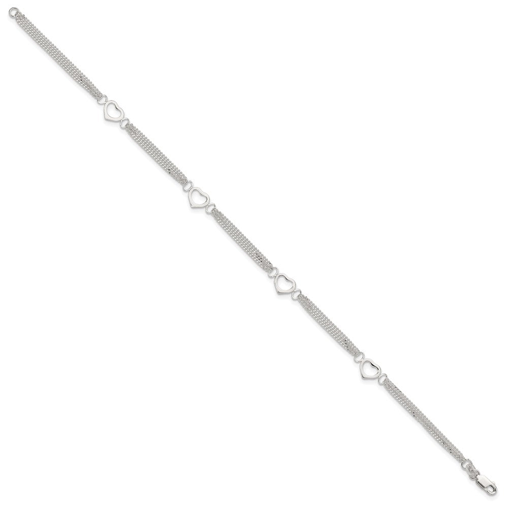 Sterling Silver Polished Heart Multi-Strand 9in Anklet