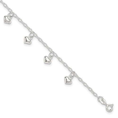 Sterling Silver 9inch Plus 1in Ext Polished Puffed Heart Anklet