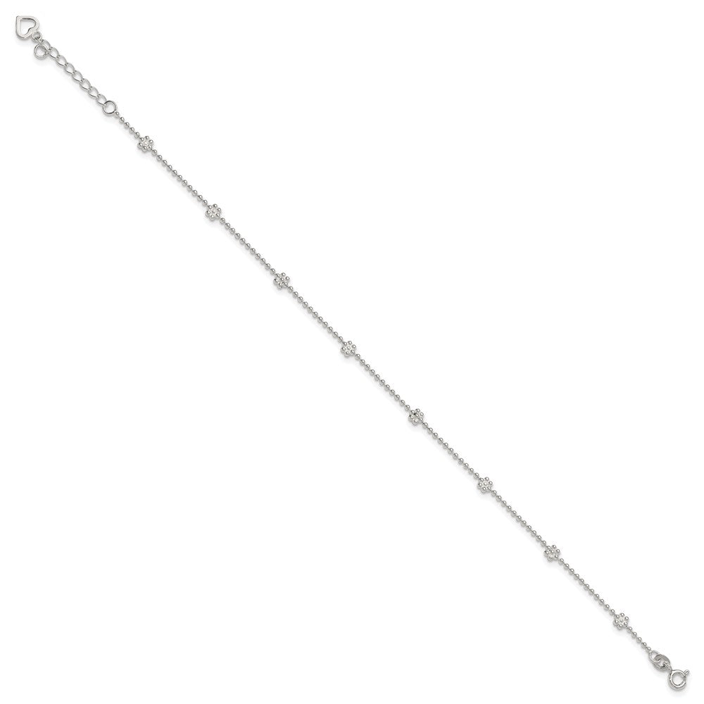 Sterling Silver 9in Plus 1in ext Polished Flower Anklet