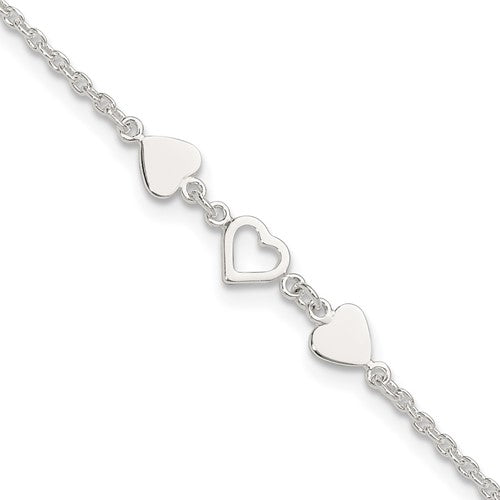 Sterling Silver 8 inch Plus 1in ext.Heart Link Anklet
