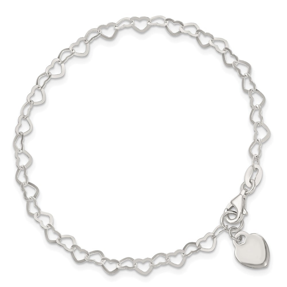 Sterling Silver Fancy Heart Link with Heart Dangle Charm 7.5 Inch Bracelet