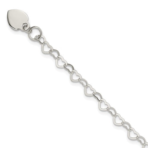 Sterling Silver Fancy Heart Link with Heart Dangle Charm 7.5 Inch Bracelet