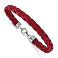 Sterling Silver Rhodium Plated Red Braided Leather 7in Bracelet