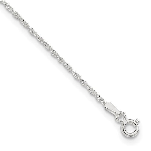 Sterling Silver 1.3mm Singapore 10in Plus 1in ext. Chain Anklet