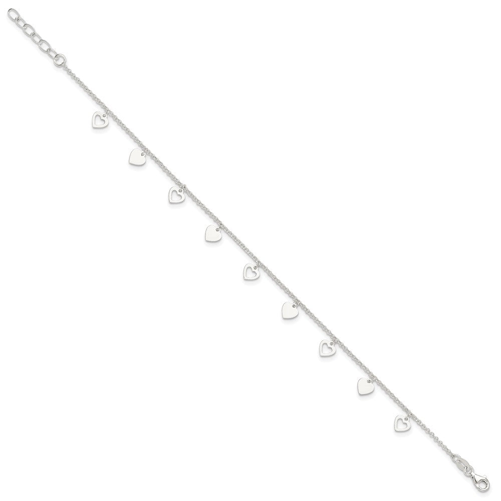 Sterling Silver Polished Hearts 10in Plus 1in ext. Anklet