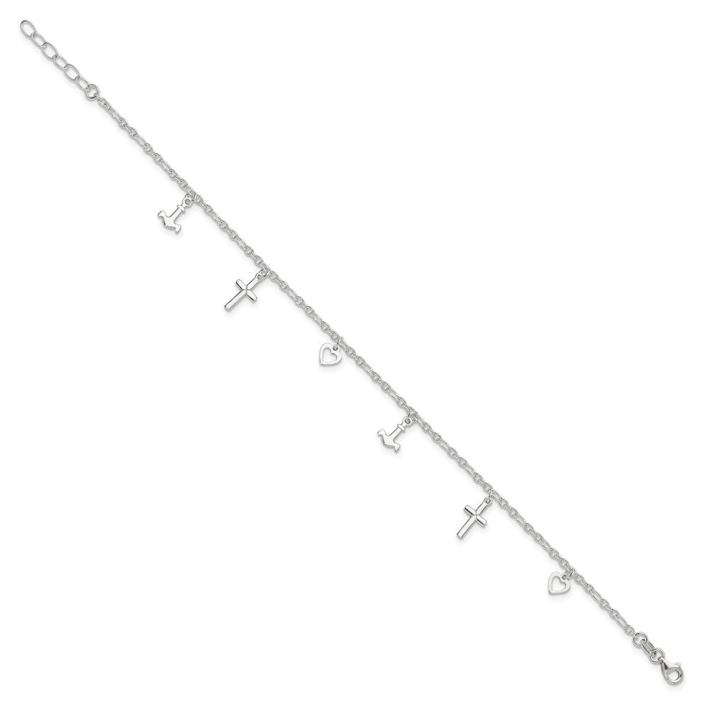 Sterling Silver Cross Heart and Anchor 10in Plus 1in ext Anklet
