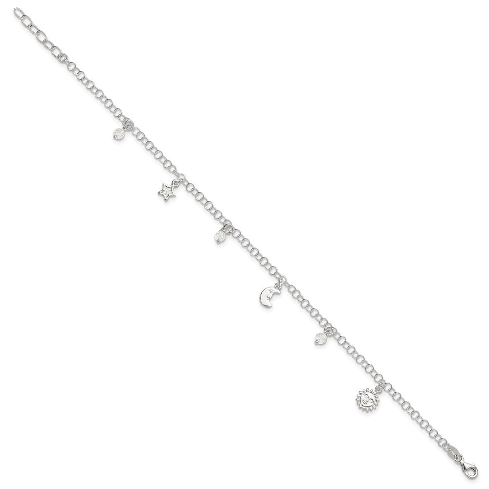 Sterling Silver Polished Sun Moon and Stars 9in Plus 1in Ext. Anklet
