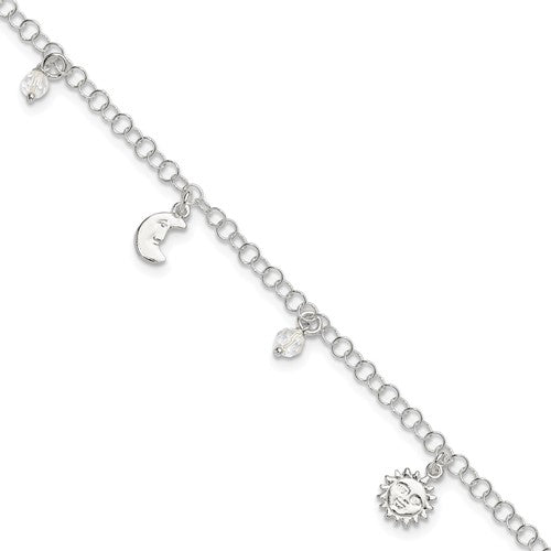 Sterling Silver Sun Moon Stars and Crystals 10in Plus 1in ext. Anklet