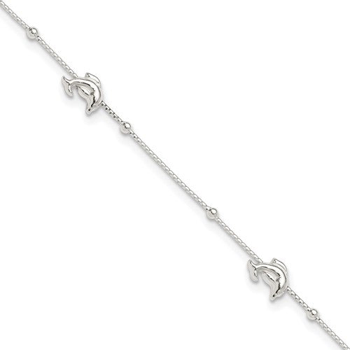 Sterling Silver Polished Dolphin 10in Plus 1in Ext. Anklet