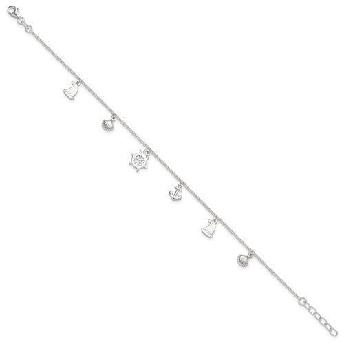 Sterling Silver Polished Ocean Theme 9in Plus 1in Ext. Anklet