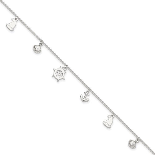 Sterling Silver Polished Ocean Theme 10in Plus 1in Ext. Anklet
