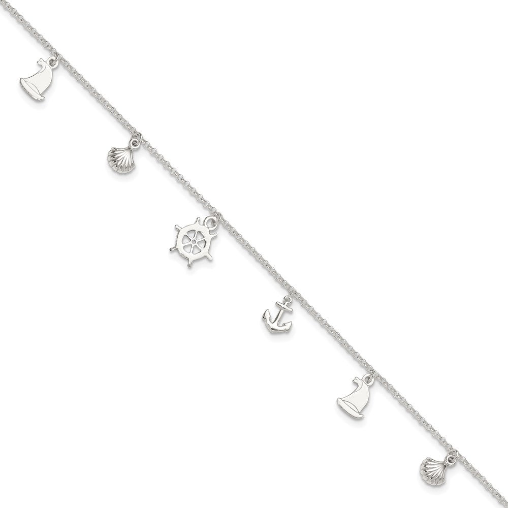 Sterling Silver Polished Ocean Theme 9in Plus 1in Ext. Anklet