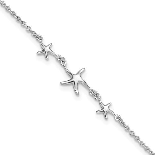 Sterling Silver Rhodium-plated 10in w/1in ext Three Stars Anklet