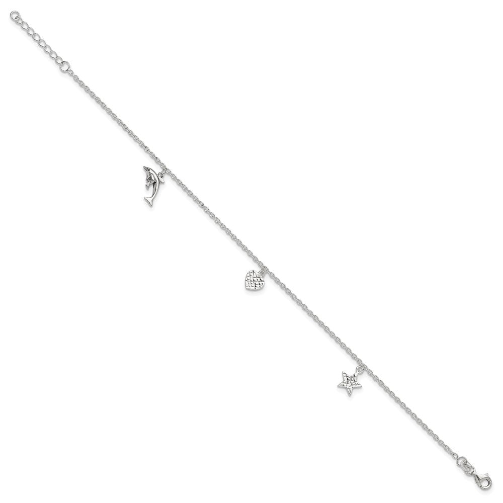 Sterling Silver Polished Heart Star and Dolphin 10in Plus 1in ext. Anklet