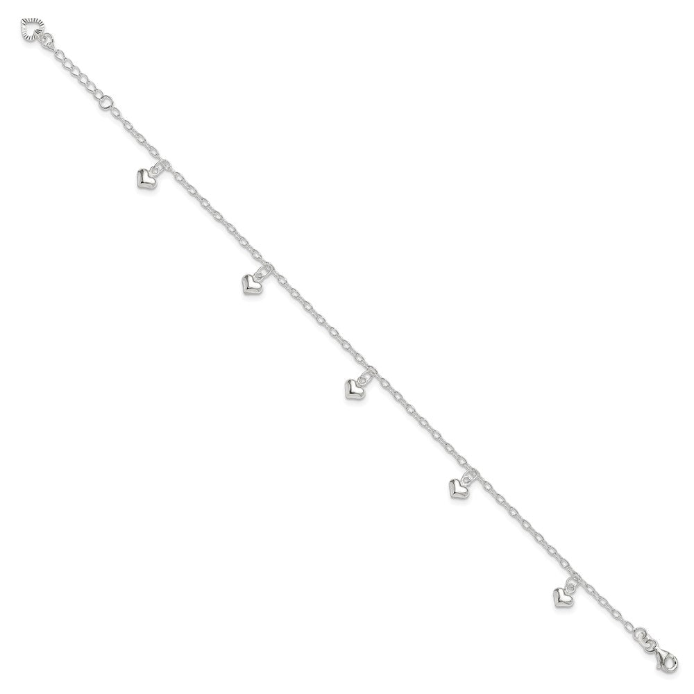 Sterling Silver Polished Puffed Heart 10in Plus 1in ext Anklet