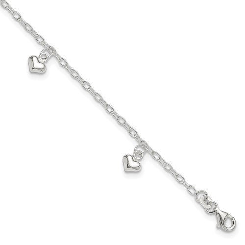 Sterling Silver Polished Puffed Heart 10in Plus 1in ext Anklet