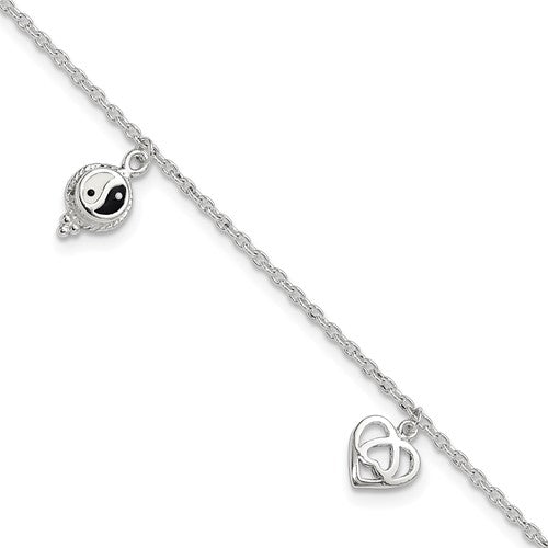 Sterling Silver Polished Hearts and Peace Sign 8in Plus 1in Ext Anklet