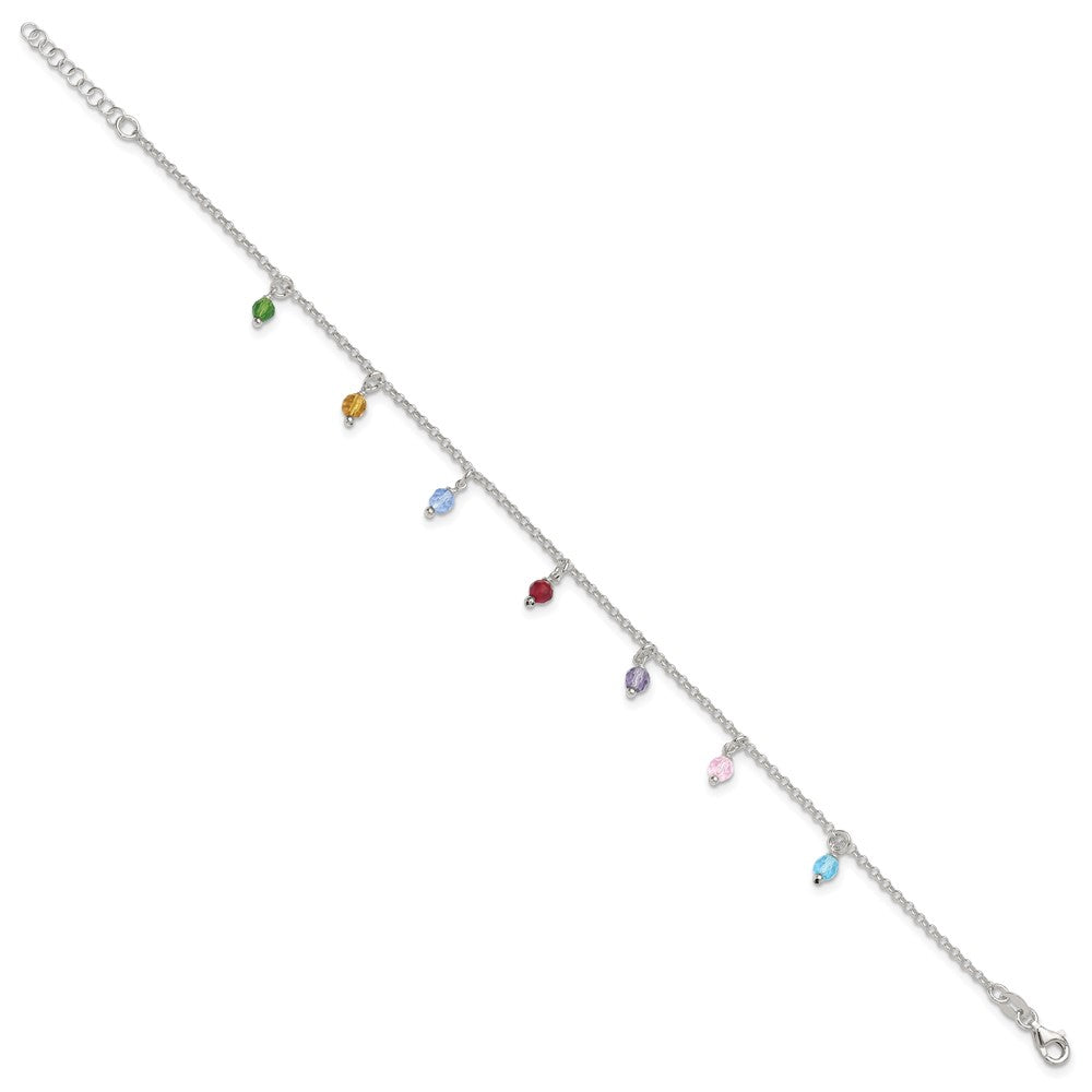 Sterling Silver Polished Multi-colored Beads 10in Plus 1in ext. Anklet
