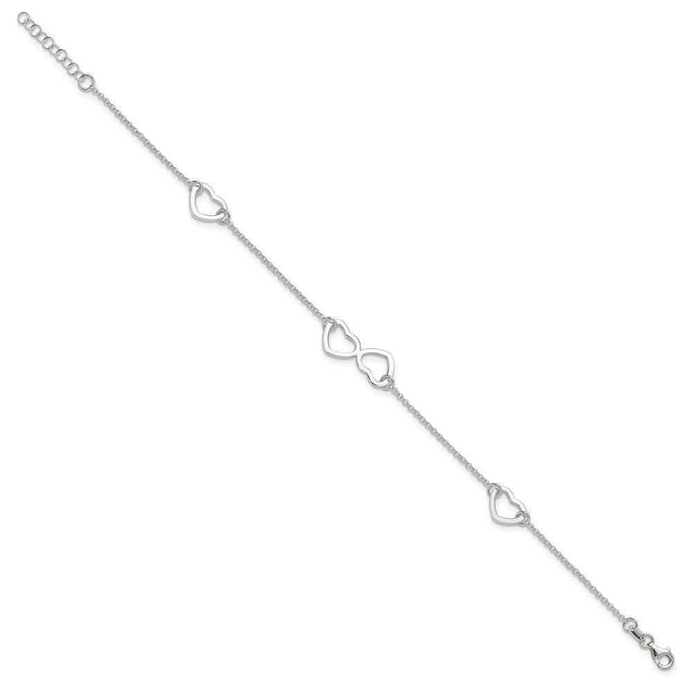 Sterling Silver Polished Heart 9in Plus 1in Ext. Anklet