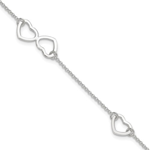 Sterling Silver Polished Heart 9in Plus 1in Ext. Anklet