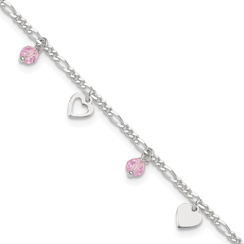Sterling Silver Pink Glass Beads and Polished Hearts 1in w/ext. Anklet