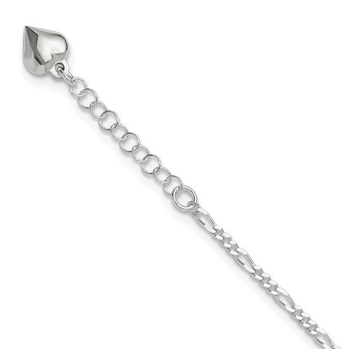 Sterling Silver Polished Heart 9in Plus 1in Ext. Anklet