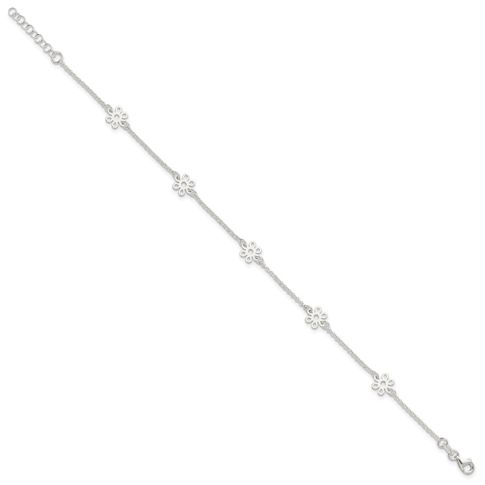 Sterling Silver Polished Flower 10in Plus 1in Ext. Anklet