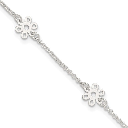 Sterling Silver Polished Flower 10in Plus 1in Ext. Anklet