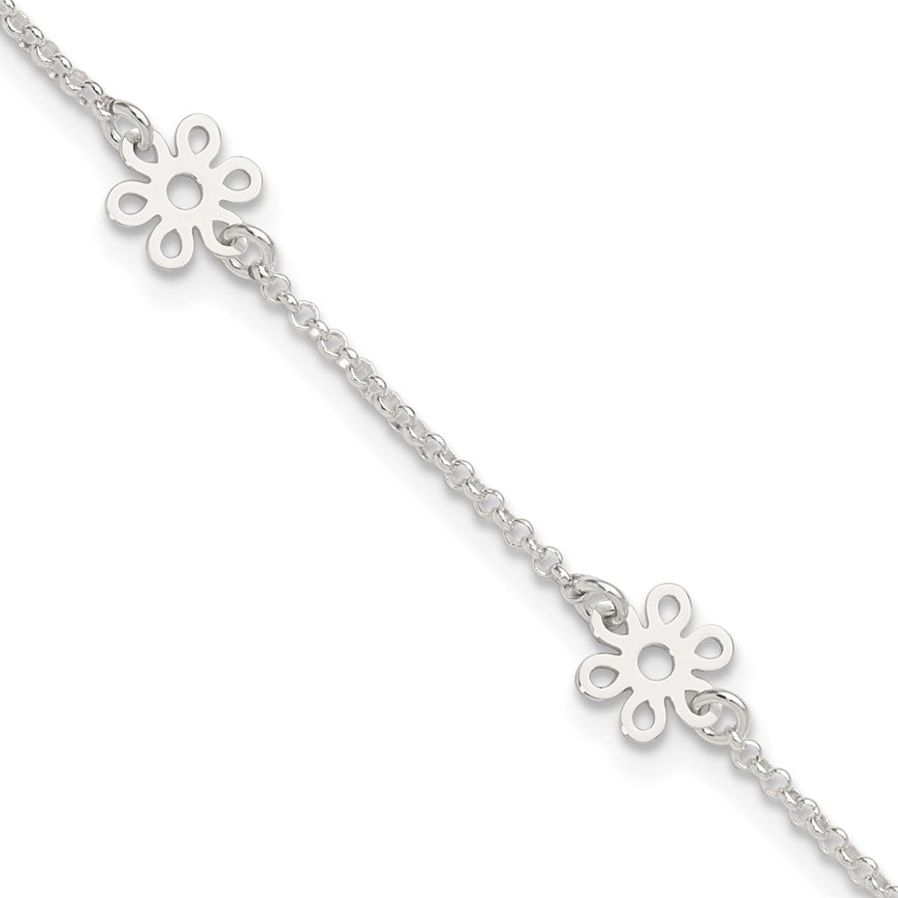 Sterling Silver Polished Flower 10in Plus 1in Ext. Anklet
