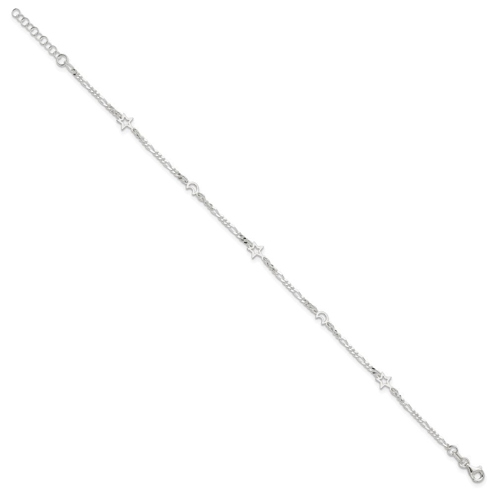 Sterling Silver Polished Moon and Star 9in Plus 1in Ext. Anklet