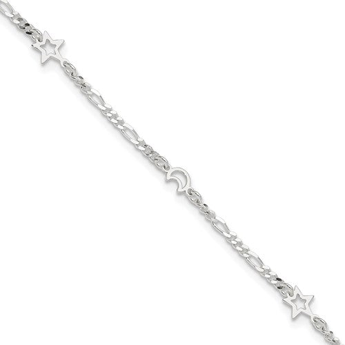 Sterling Silver Polished Moon and Star 10in Plus 1in Ext. Anklet