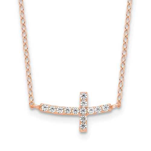 Sterling Silver Rose Gold-plated CZ Sideways Cross w/2in Ext Necklace