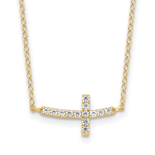 Sterling Silver Yellow Gold-plated CZ Sideways Cross w/2in Ext Necklace