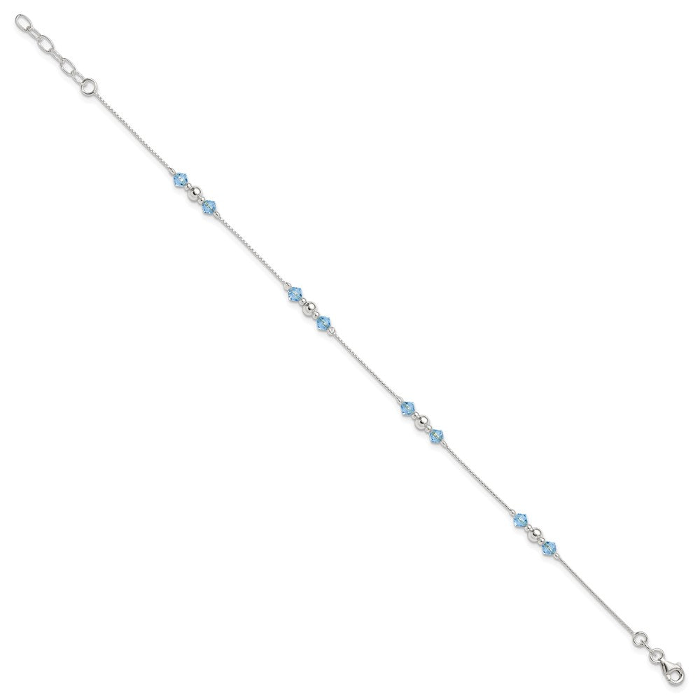 Sterling Silver Polished Bead and CZ 9in Plus 1in. Ext. Anklet