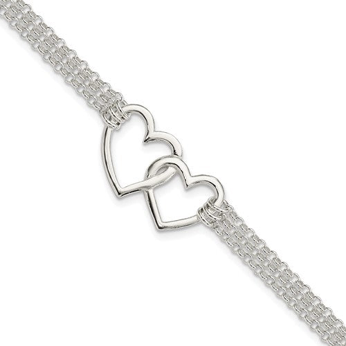 Sterling Silver Polished 3-strand w/.5in. Ext. Heart Bracelet