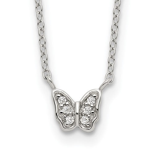 Sterling Silver RH-plated Polished CZ Butterfly 16in w/2in ext Necklace